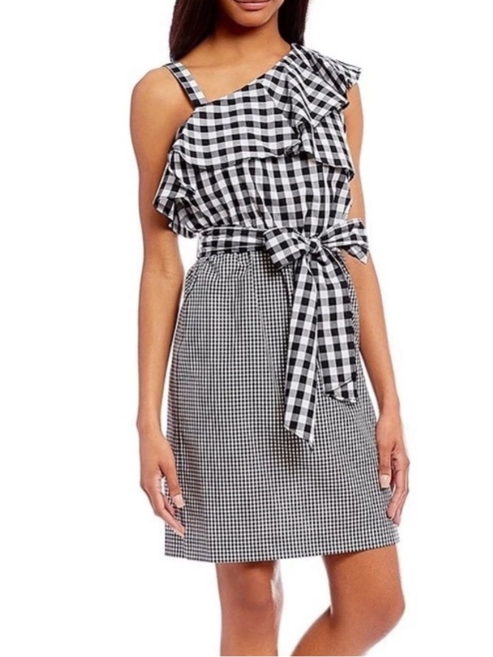 Calvin Klein Black and White Gingham One-Shoulder Dress